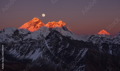 Mount Everest (8848 m) Makalu peak (8485 m) Sunset Full Moon. photo