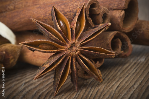 cinnamon sticks and anise on wooden table