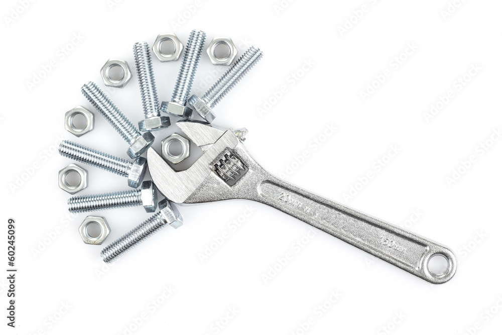 Adjustable wrench with screws and nuts Adjustable wrench with screws and nuts