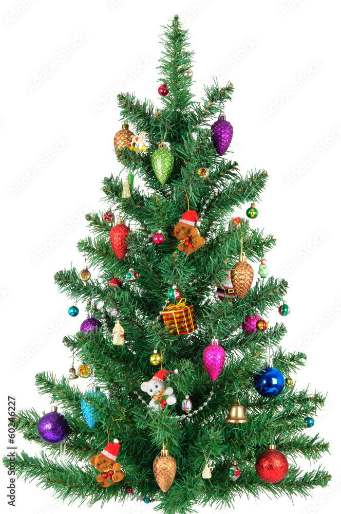 Decorated Christmas tree isolated on white background