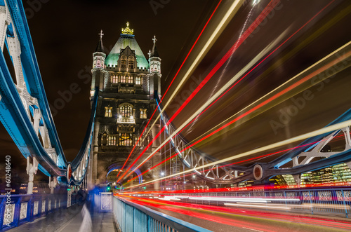 Tower Bridge at NIght with Light Trails left by Passing Buses