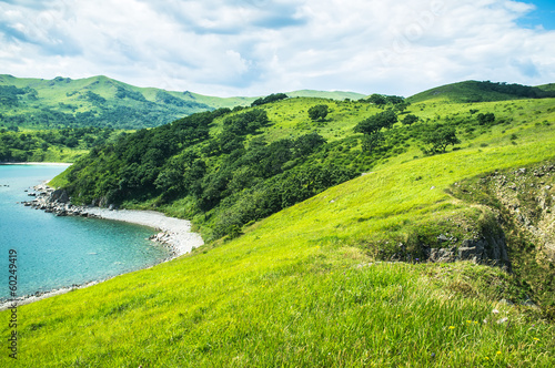 landscape with hills, mountains, trees, grass on the beach.