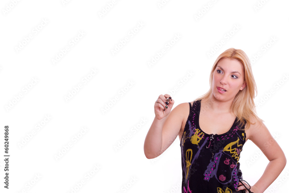 unsicherer Frau mit fragendem Blick beim schreiben unsicherer Frau mit fragendem Blick beim schreiben