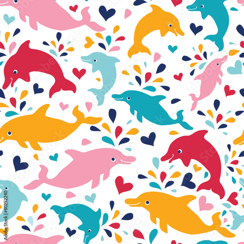 Fototapeta Naklejka Na Ścianę i Meble -  vector fun colorful dolphins seamless pattern background