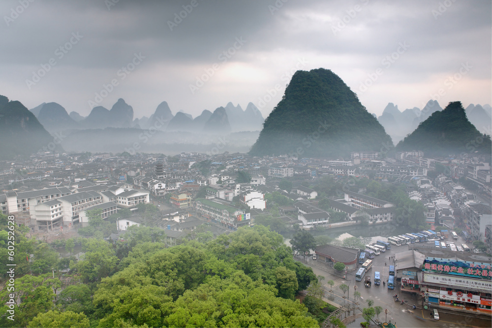 Cityscape in Southeast Asia, Yangshuo town, top view, karst hill