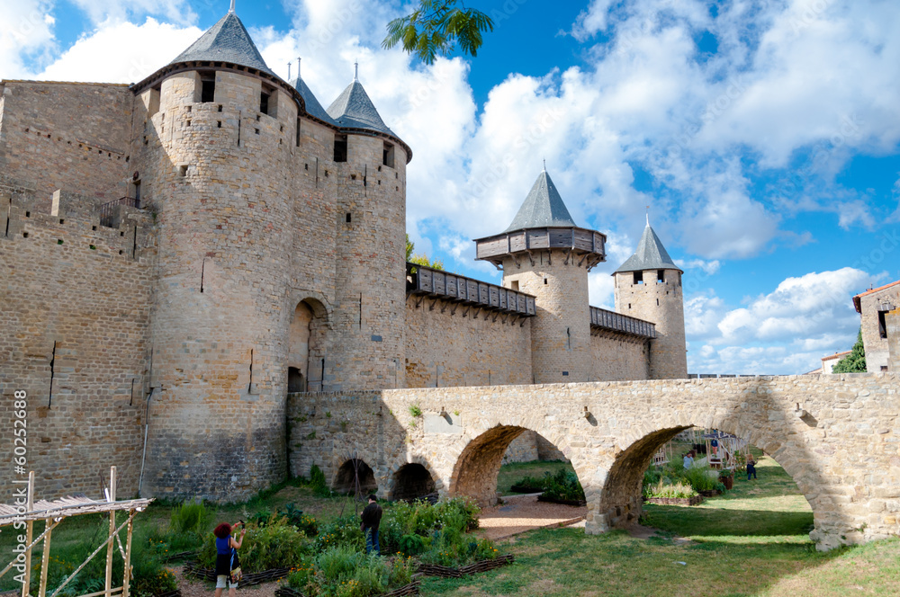 Chateaux de la cite and bridge on sunny day at Carcassonne