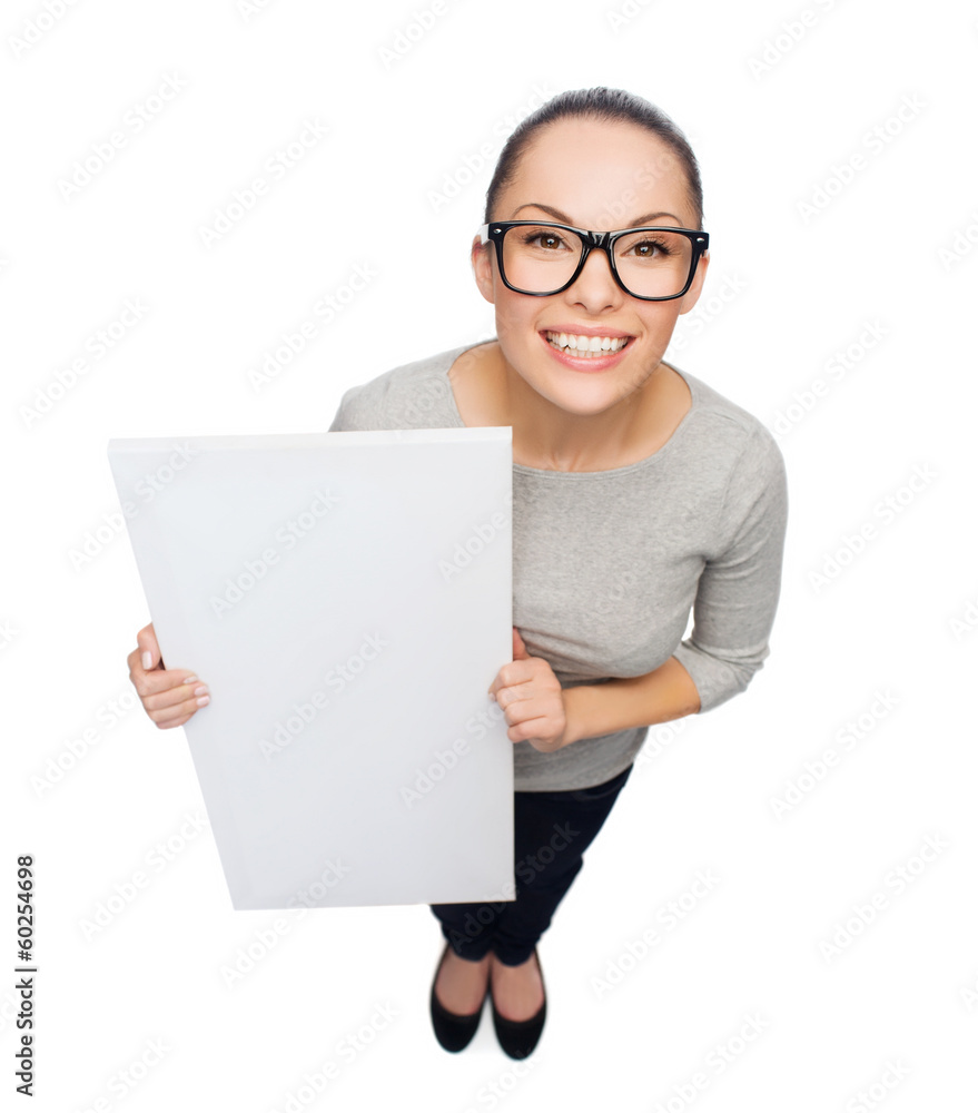 asian woman in eyeglasses with white blank board asian woman in eyeglasses with white blank board