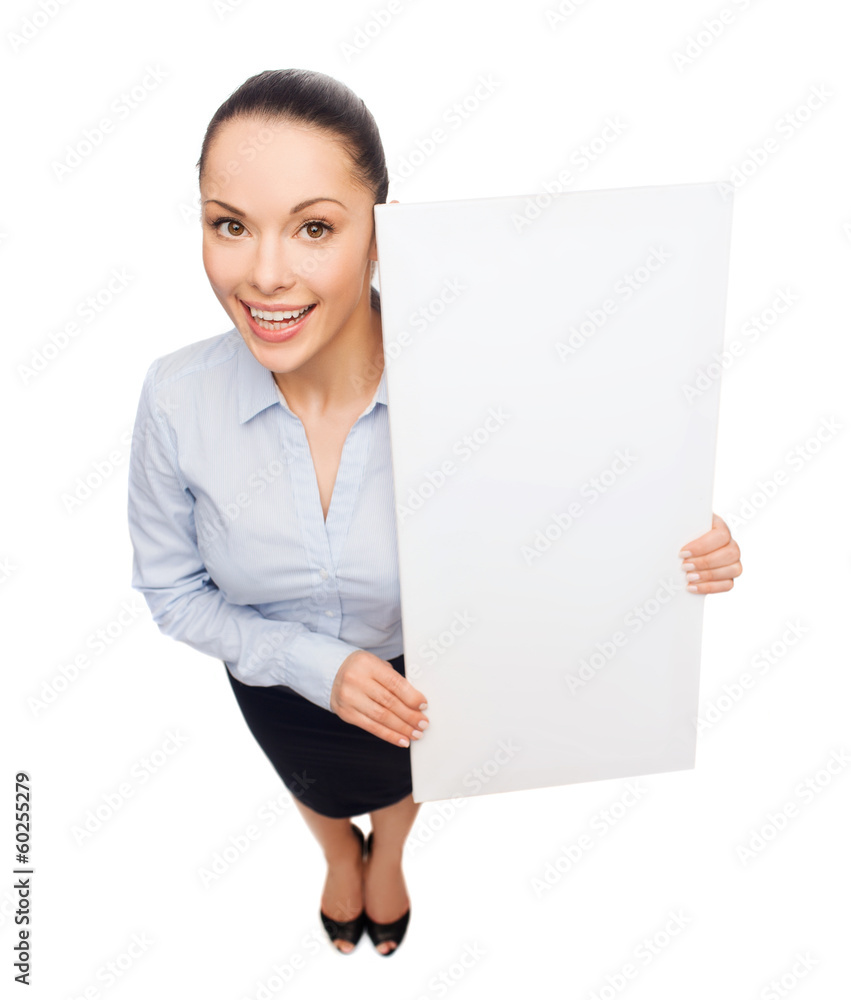 smiling businesswoman with white blank board smiling businesswoman with white blank board