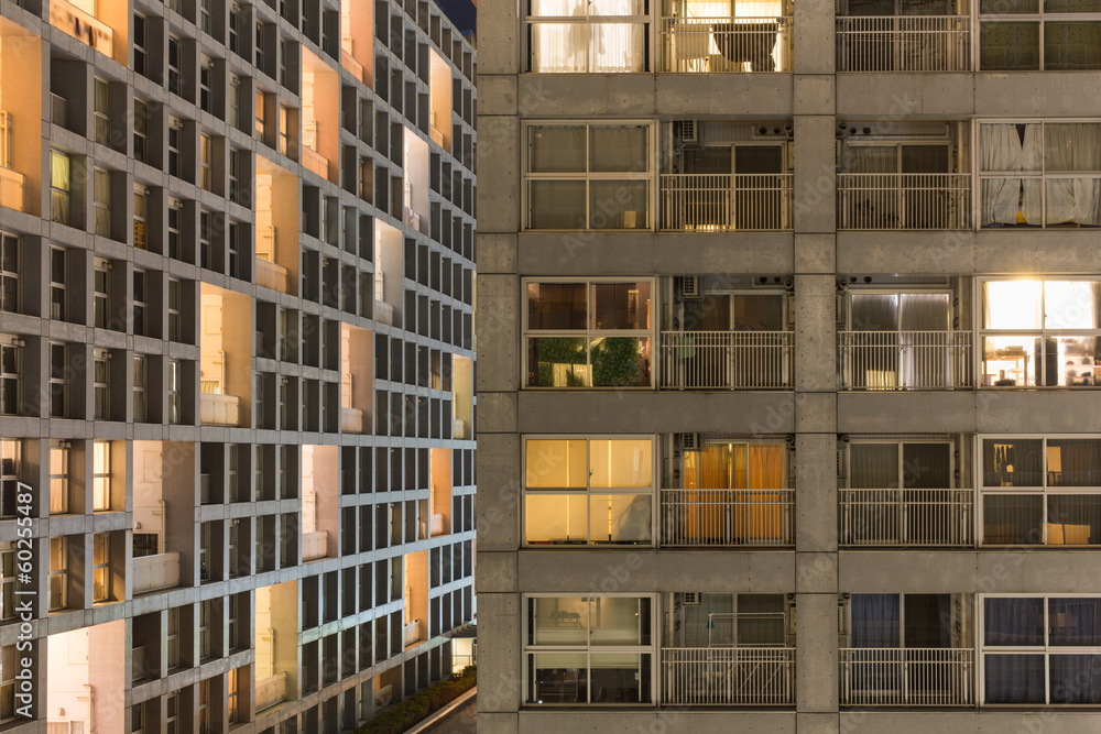 Public housing high-rise apartments in Tokyo city at night Public housing high-rise apartments in Tokyo city at night