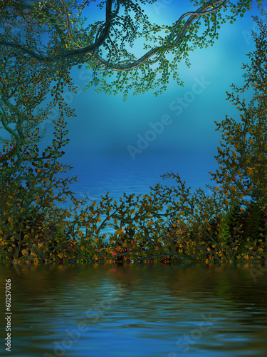 Background With Vines, Roses and a Pond