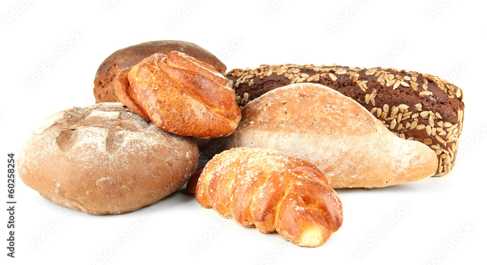 Composition with bread and rolls, isolated on white