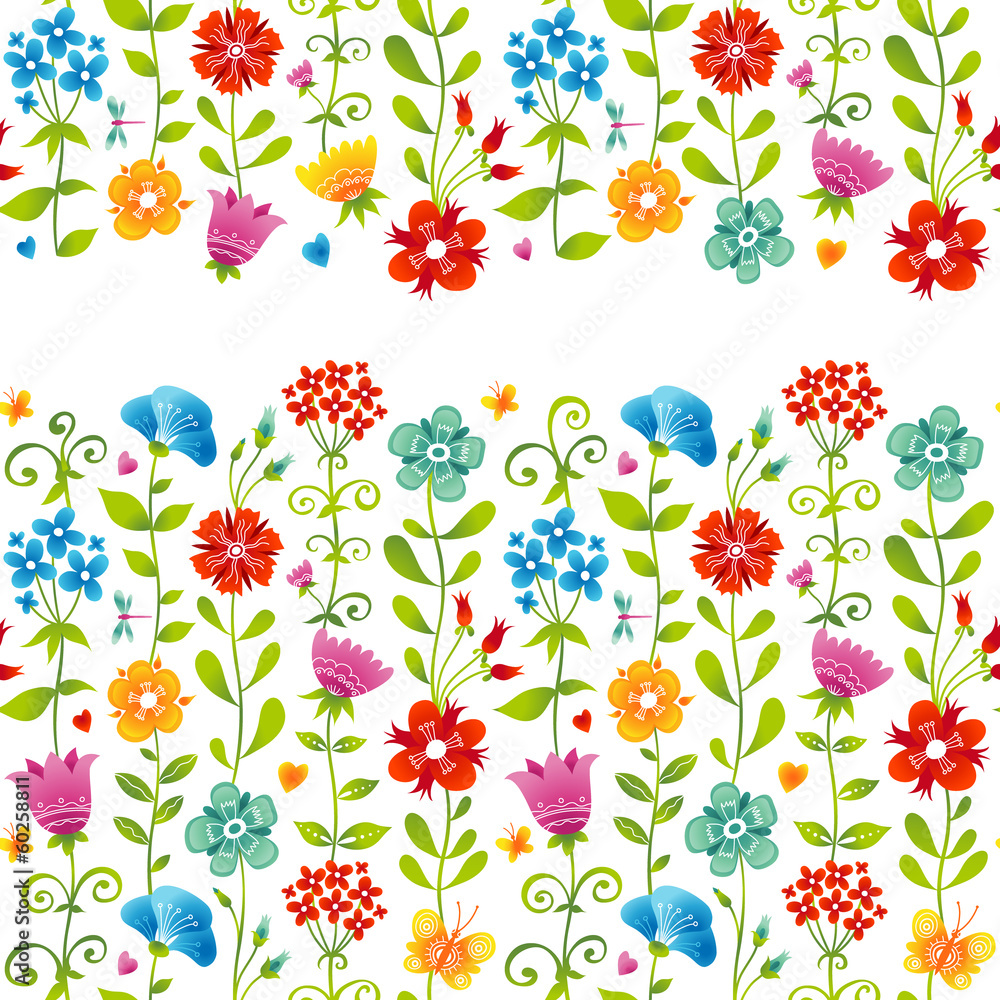 Bright floral seamless border with butterfly, dragonfly, hearts.
