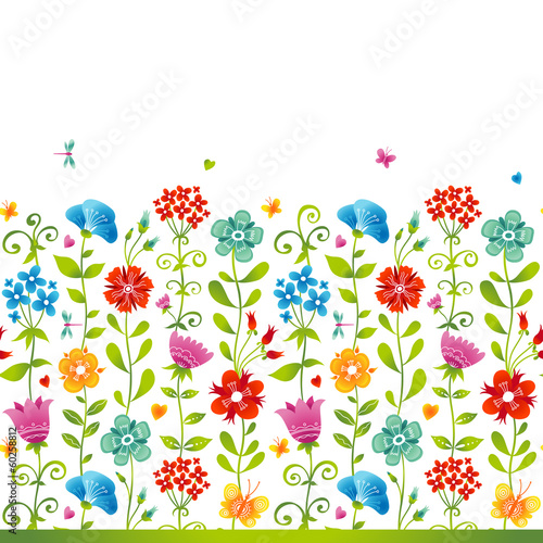 Bright floral seamless border with butterfly and hearts.