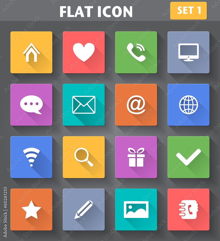 Web Icons set in flat style with long shadows.