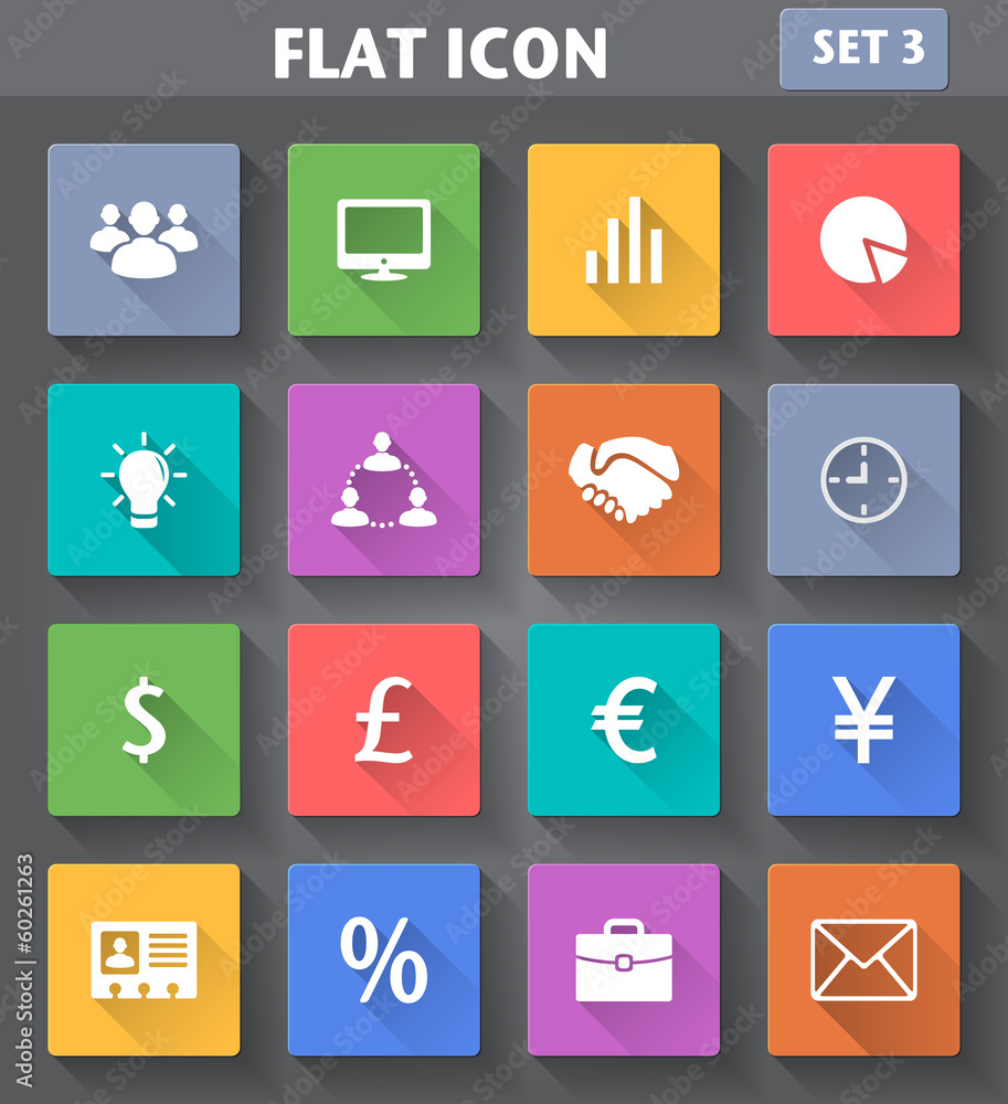 Business Icons set in flat style with long shadows.