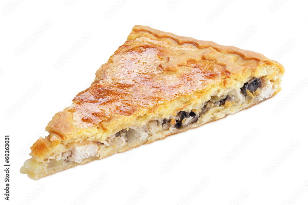 Pie with mushrooms and chicken on white with clipping path Pie with mushrooms and chicken on white with clipping path