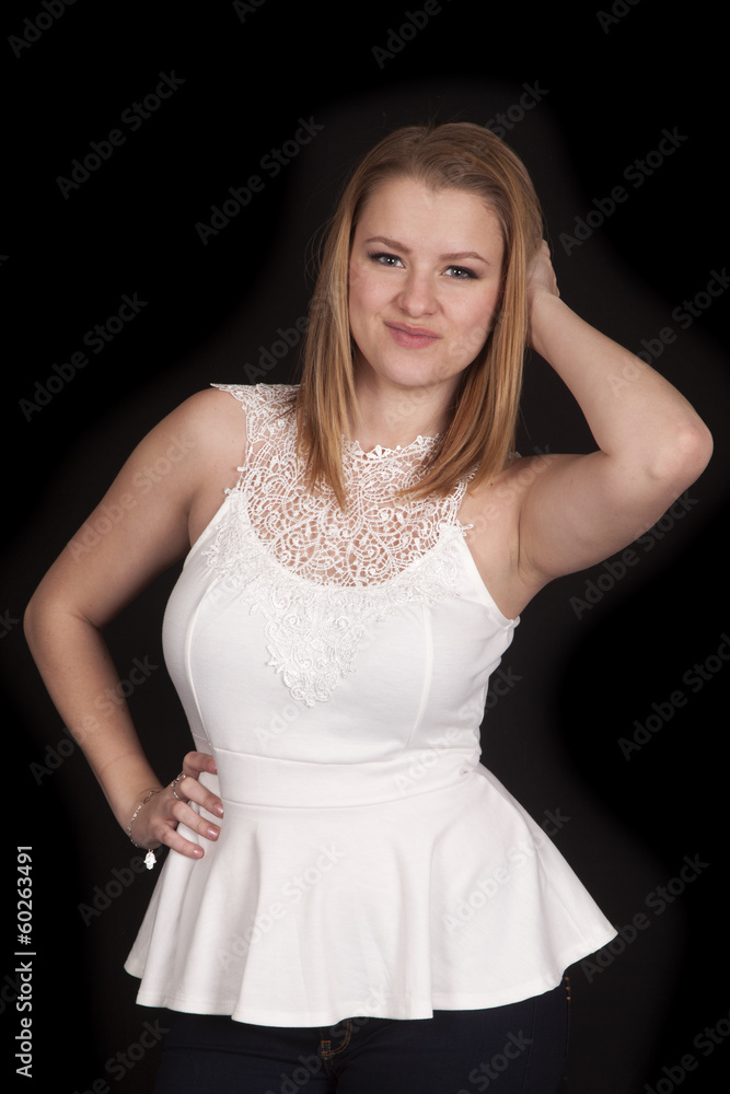 Fototapeta premium woman white shirt on black hand hair smile