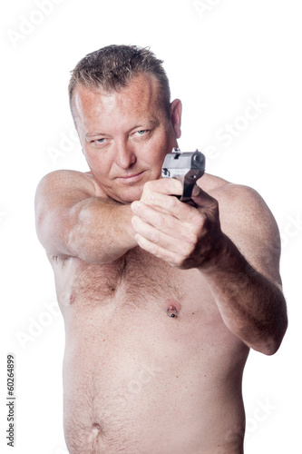 male with naked torso, gun
