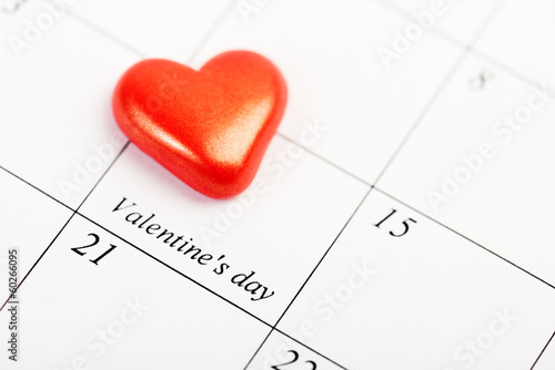 Calendar page with the red hearts on February 14 of Valentines