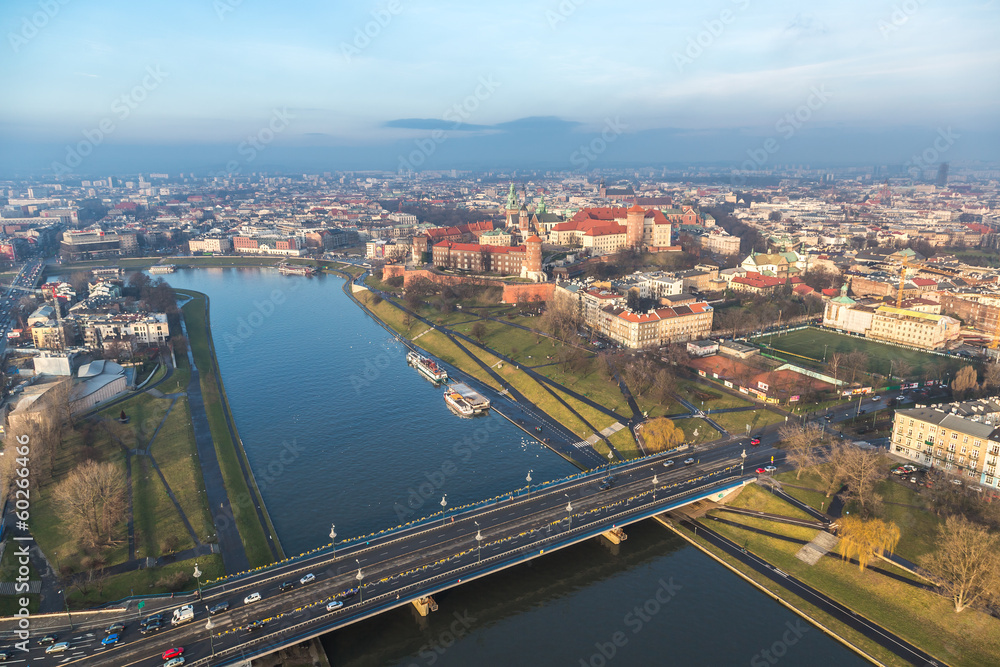 Cracow skyline with aerial view of historic royal Wawel Castle a
