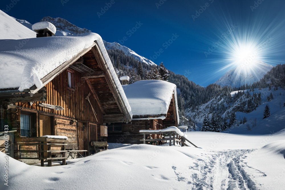 winter ski chalet and cabin in snow mountain  landscape in tyrol - obrazy, fototapety, plakaty 