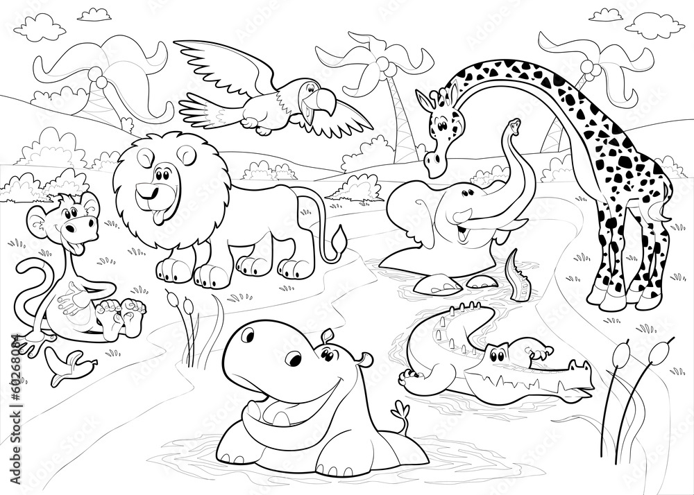 Fototapeta premium African animals in the jungle in black and white.