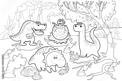 Funny dinosaurs in a prehistoric landscape, black and white.