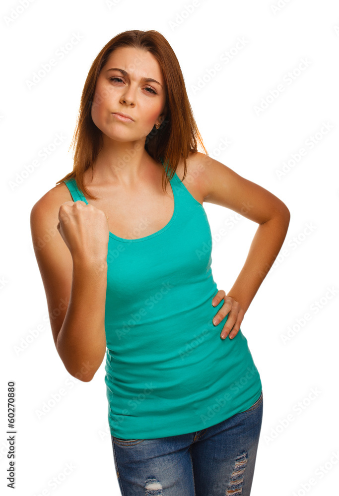 woman girl shows gesture success victory fist clenched serious i woman girl shows gesture success victory fist clenched serious i