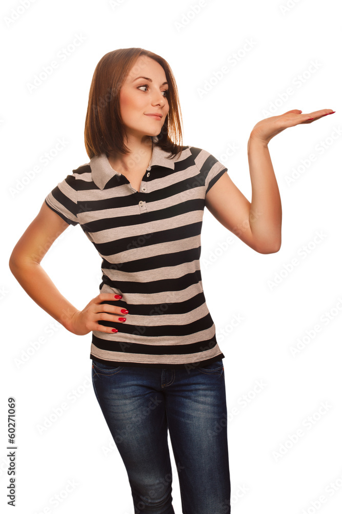 woman portrait happy brunette young showing open hand holding is woman portrait happy brunette young showing open hand holding is
