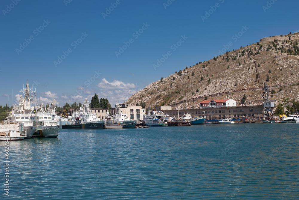 ships and boats in Balaklava bay at summer day