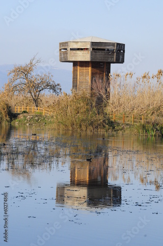 Wooden tower in the Hula Valley, Israel photo