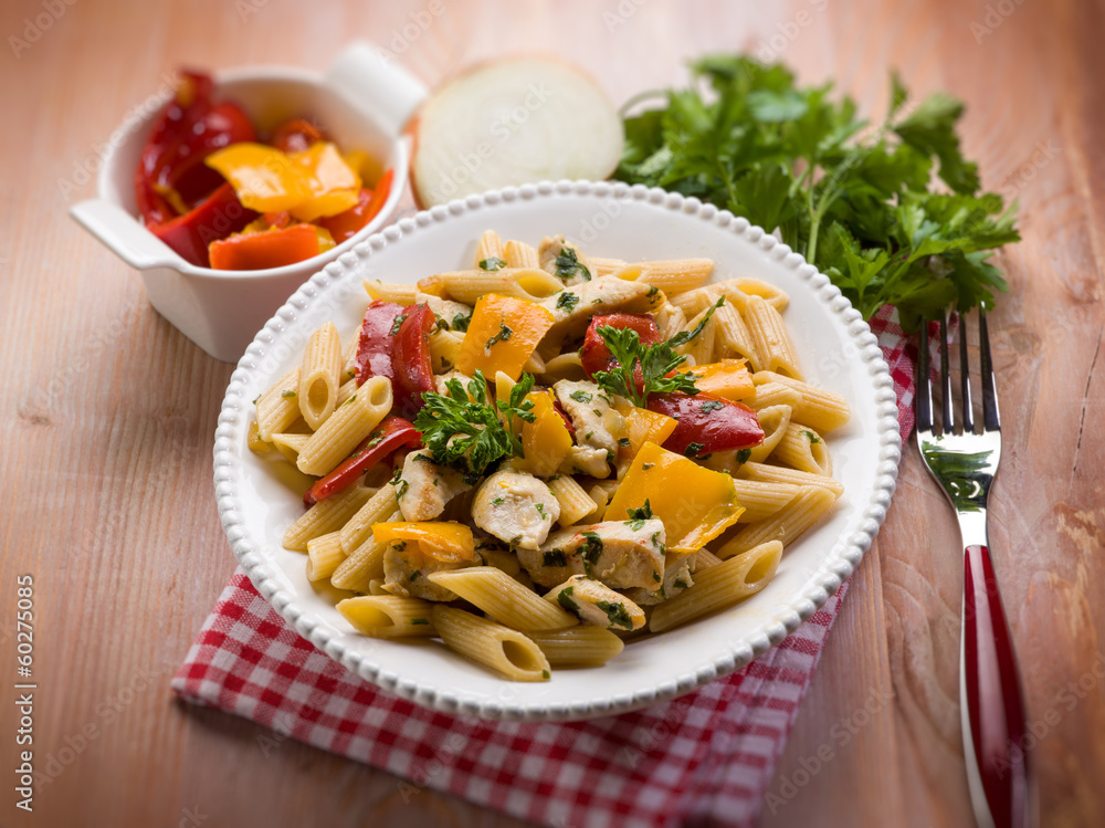 pasta with chicken and capsicum, selective focus