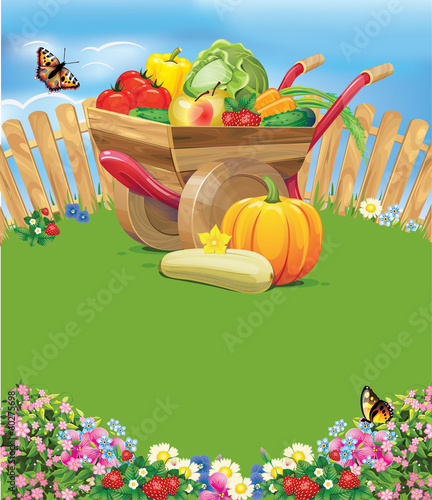 wheelbarrow with vegetables and fruits
