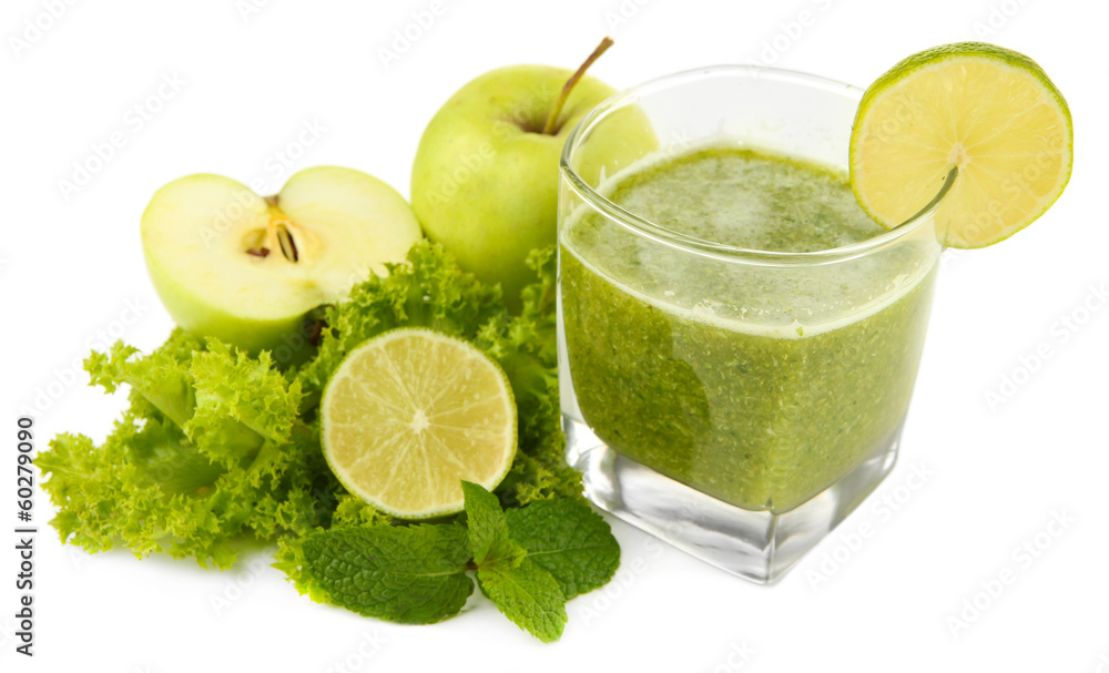 Glass of green vegetable juice with apple and lime isolated Glass of green vegetable juice with apple and lime isolated