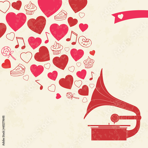 Happy valentines day card with gramophone, hearts and sweets