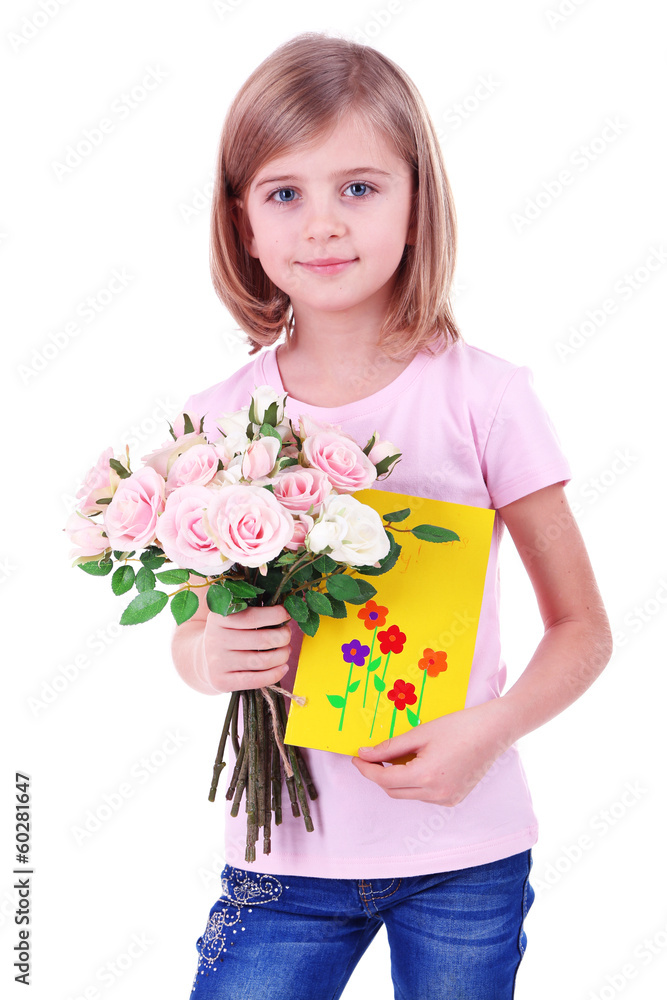 Beautiful little girl holding bouquet and card isolated on Beautiful little girl holding bouquet and card isolated on
