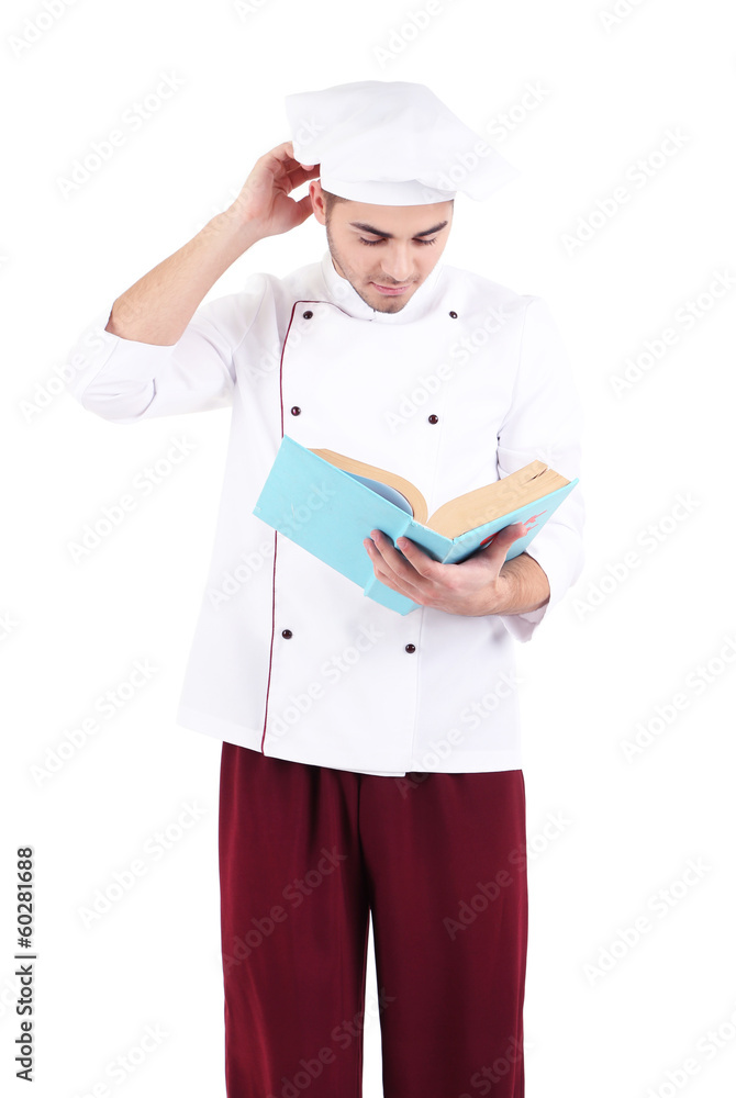 Professional chef with book, in white uniform and hat, Professional chef with book, in white uniform and hat,