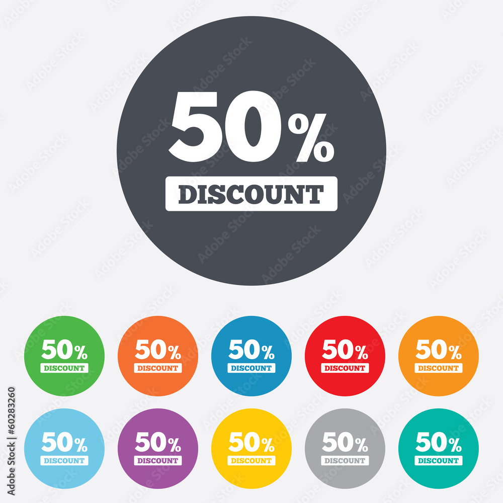 50 percent discount sign icon. Sale symbol. 50 percent discount sign icon. Sale symbol.