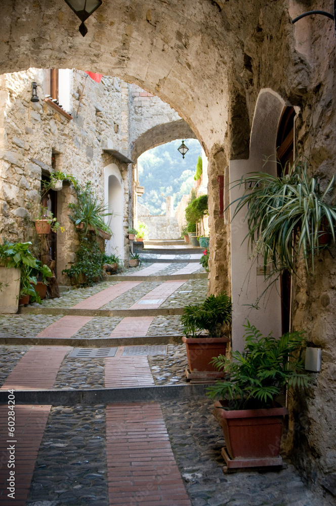 ancient stone street in Liguria, Italy