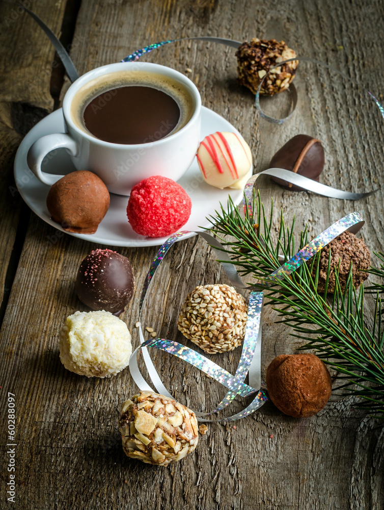 Luxury chocolate candies and cup of coffee