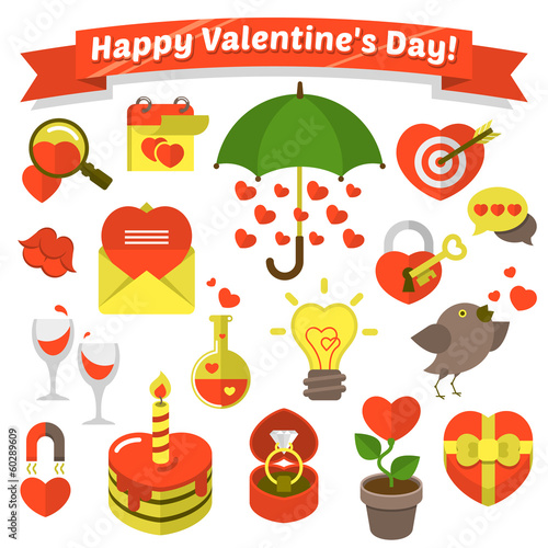 Fototapeta Naklejka Na Ścianę i Meble -  Flat love symbols for Valentine's Day with greeting label