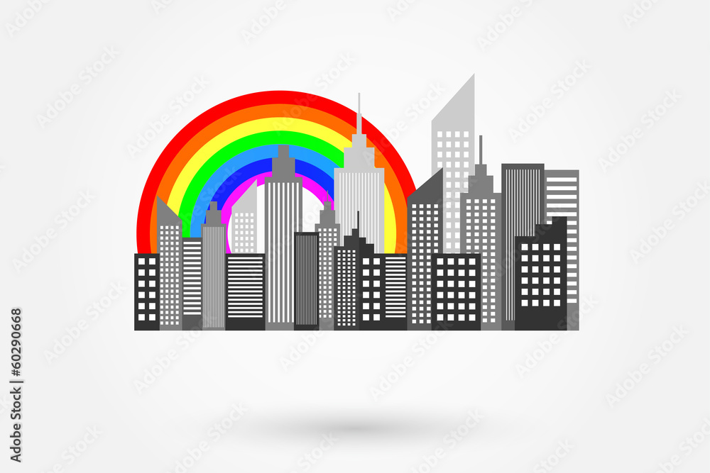 Modern City Skyscrapers Skyline With Rainbow