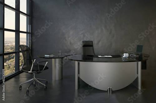 Black office room interior with modern desk