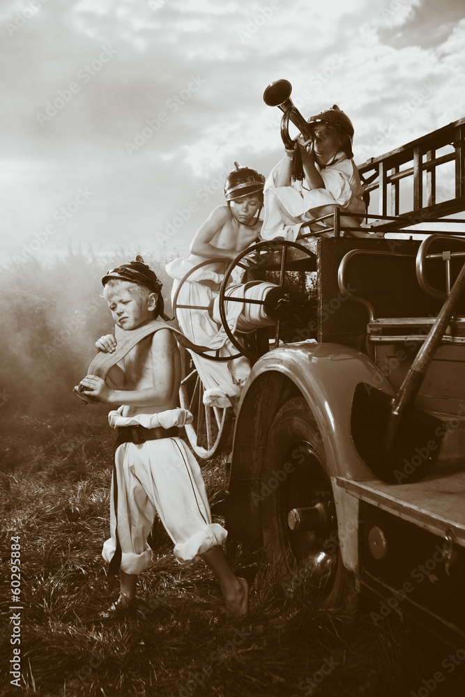 Fototapeta premium Stylish group of young retro firemen