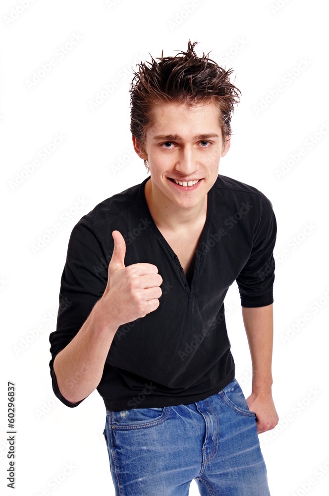 Young man in black shirt shows you finger up Young man in black shirt shows you finger up