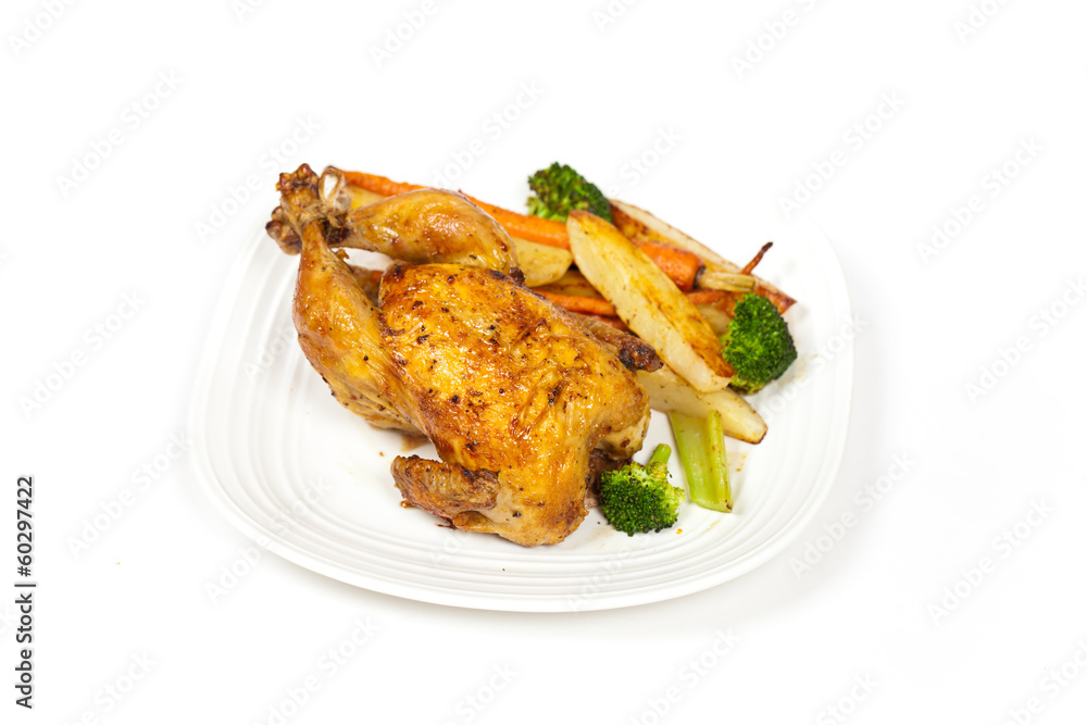 Whole roasted chicken and various vegetables Whole roasted chicken and various vegetables