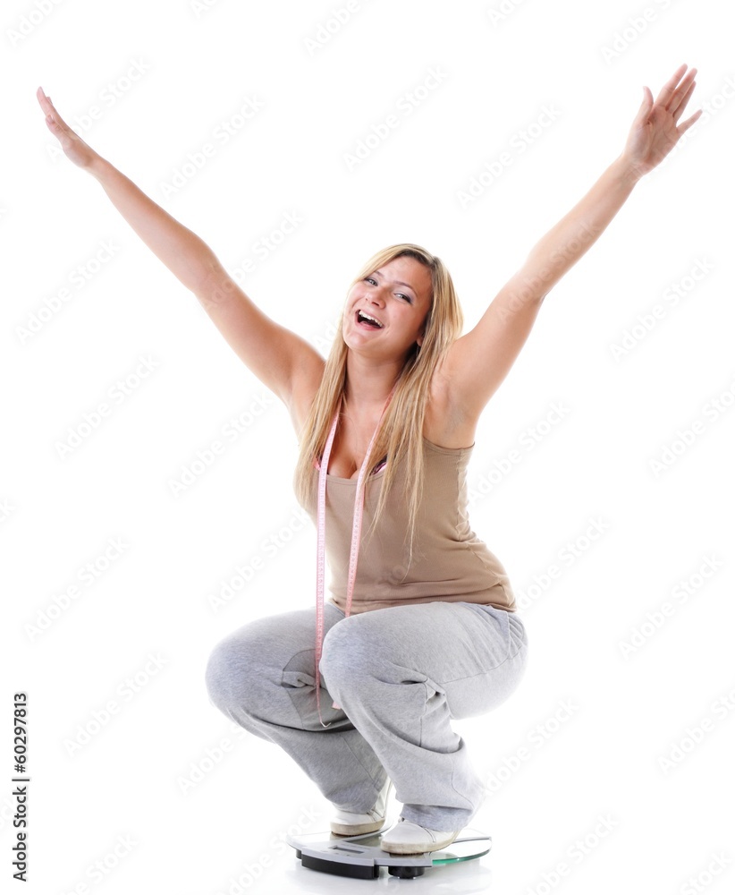 Woman plus size on scale celebrating weightloss Woman plus size on scale celebrating weightloss