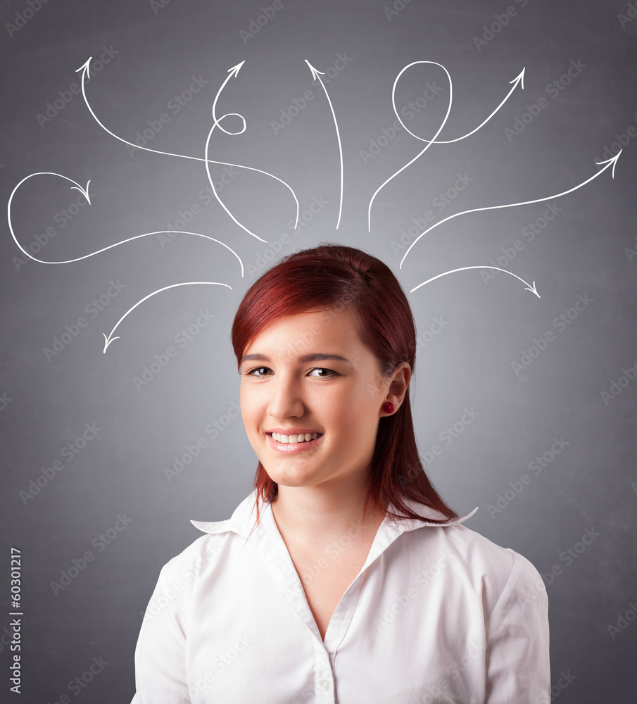 Young girl thinking with arrows overhead Young girl thinking with arrows overhead