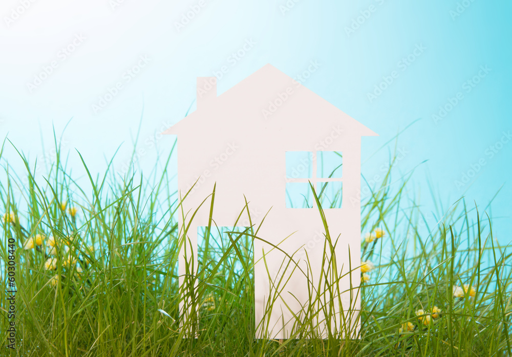 White paper house in a green summer grass over blue sky White paper house in a green summer grass over blue sky