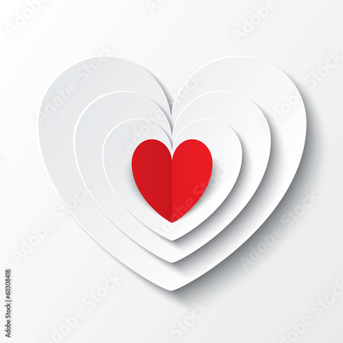 Red paper heart Valentines day card on white.